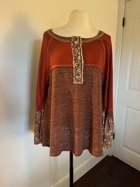POL Rust-Brown Floral Trim Long Sleeve Tunic